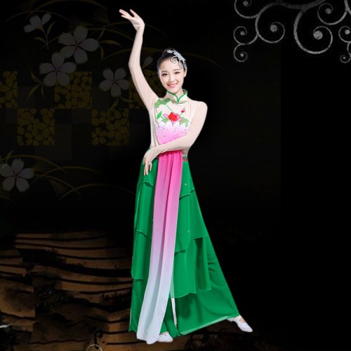 Women's chinese folk dance costumes lotus flowers fairy drama cosplay dresses yangko classical dance dress